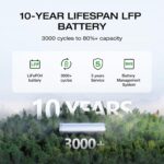 DELTA 2 10-year LFP battery infographic — 3000+ cycles, 5-year service, BMS